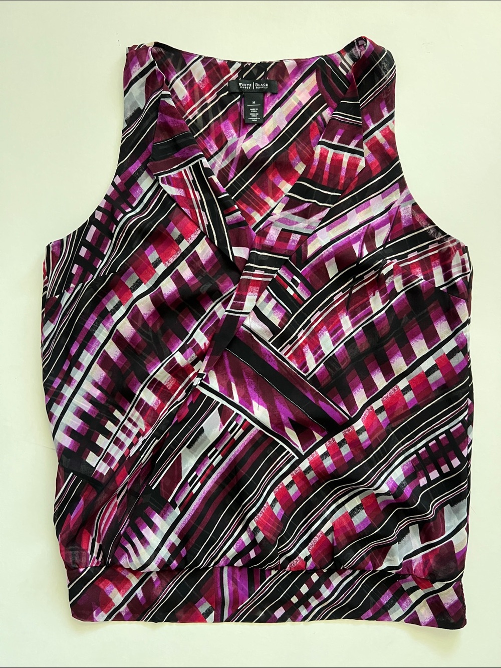 White House Black Market Black and Purple Geometric Draped Camisole